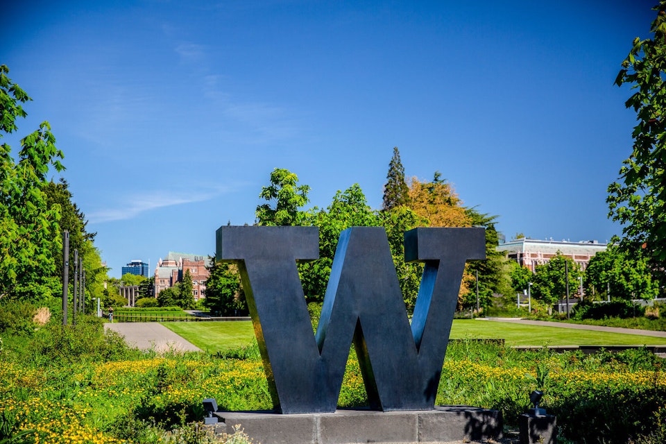 The University of Washington bronze “W” on campus