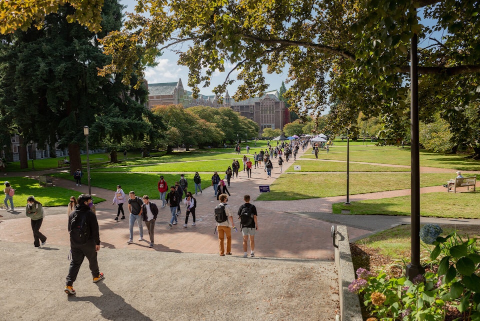 Students walking through the University of Washington campus on a sunny day